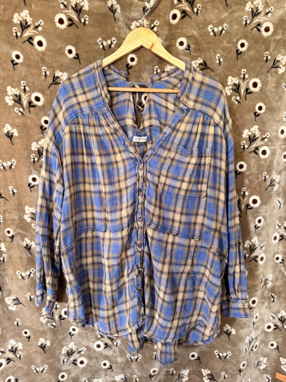 We The Free Blue and Tan Plaid Button-Front Shirt